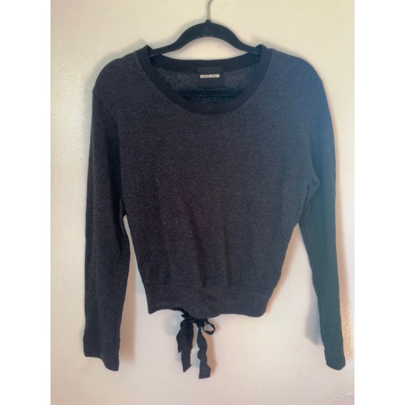 Monrow Tie Back LS Sweater Womens Sz S Charcoal Gray Pullover Quiet Luxury - Picture 2 of 8